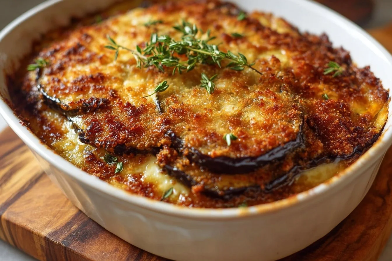 Vegetarian ricotta and eggplant casserole with layers of cheese and veggies