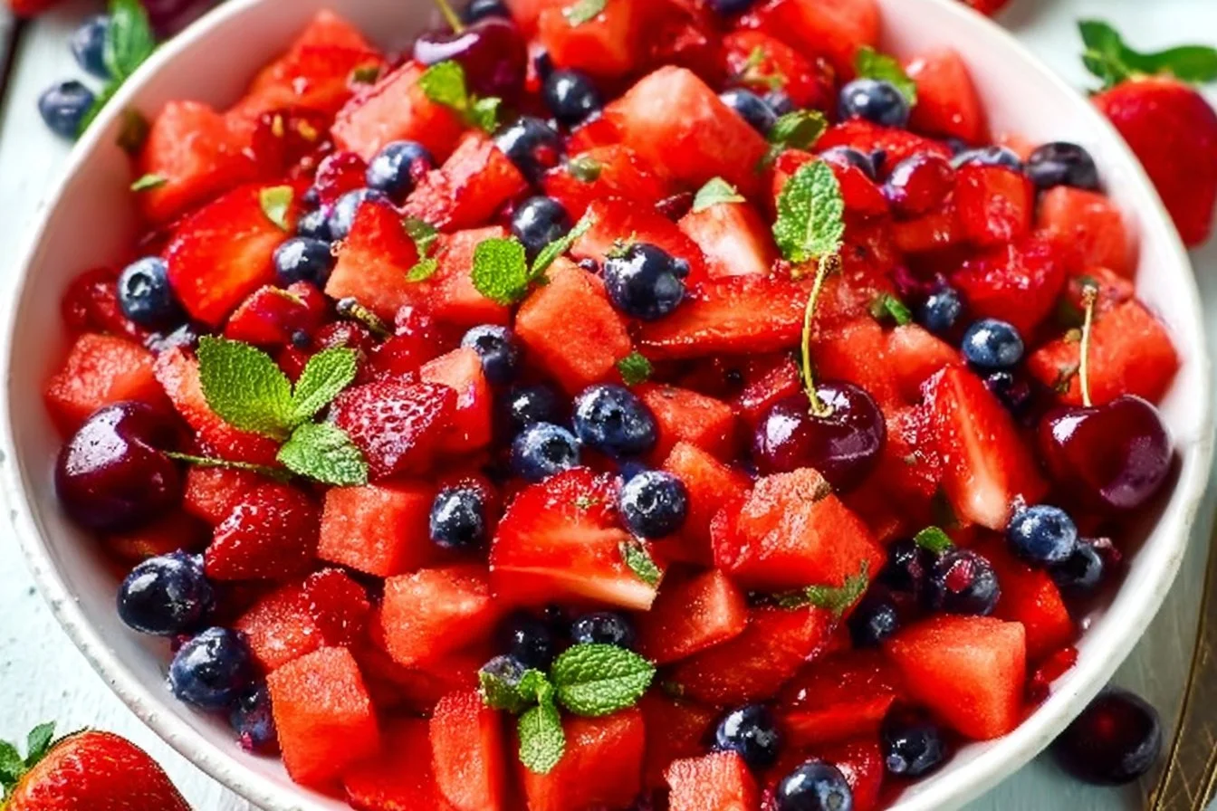 Fresh and colorful watermelon salad with mint and feta cheese
