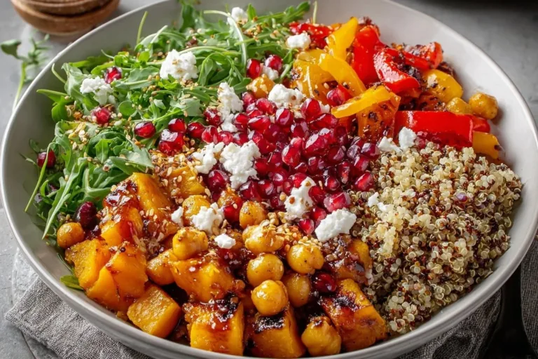 Delicious Winter Mediterranean Quinoa Bowl with seasonal vegetables and quinoa