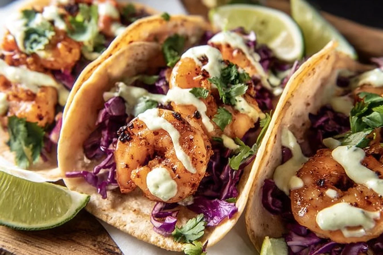 Delicious zesty and creamy shrimp tacos served with fresh toppings