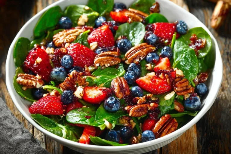 Fresh and colorful strawberry spinach salad in a bowl