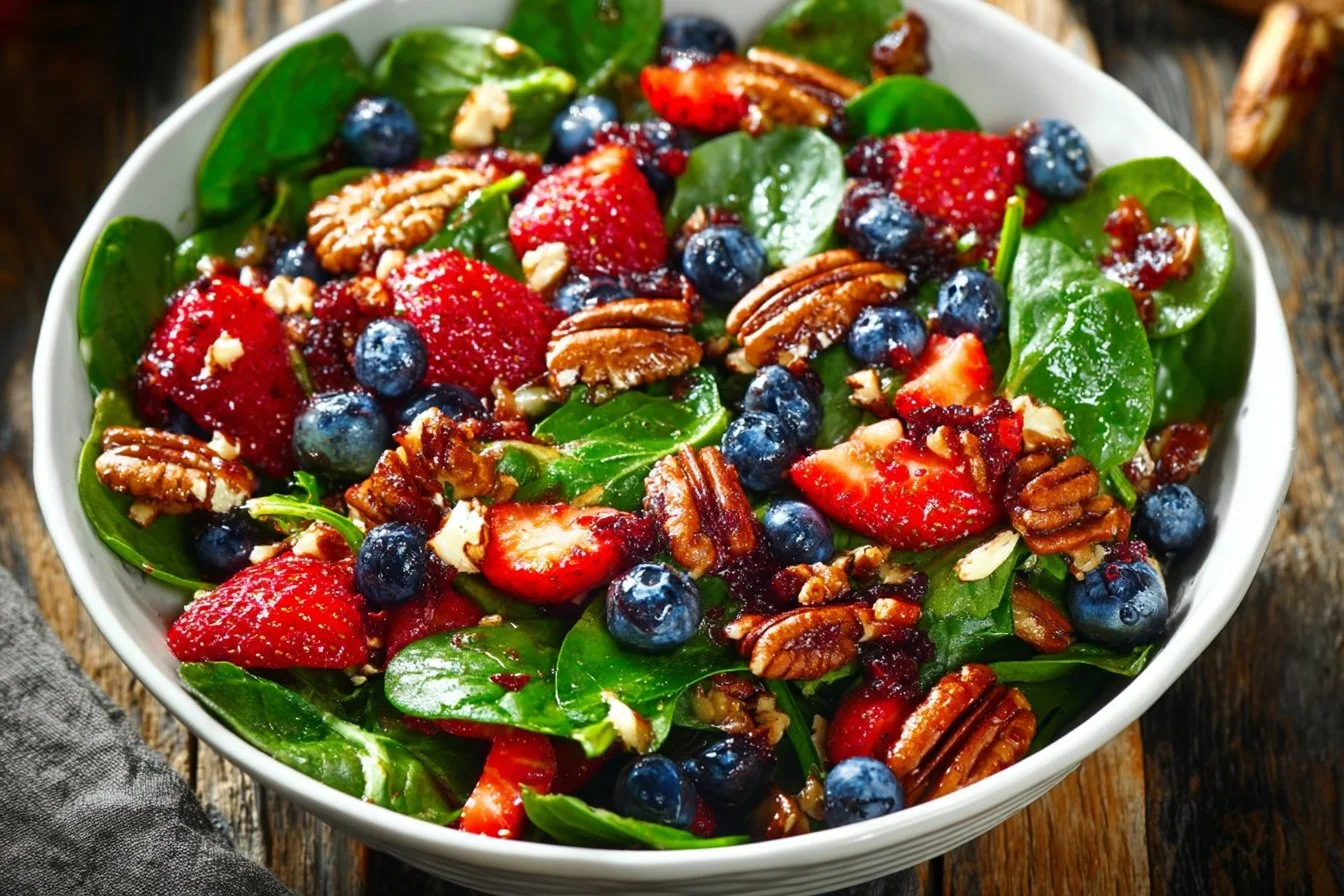 Fresh and colorful strawberry spinach salad in a bowl
