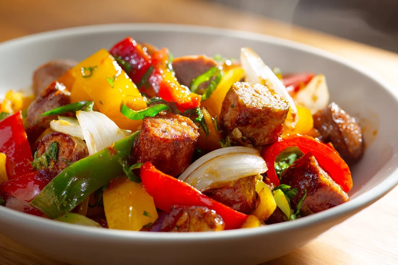 Air fryer sausage and peppers dish served on a plate with vibrant colors.