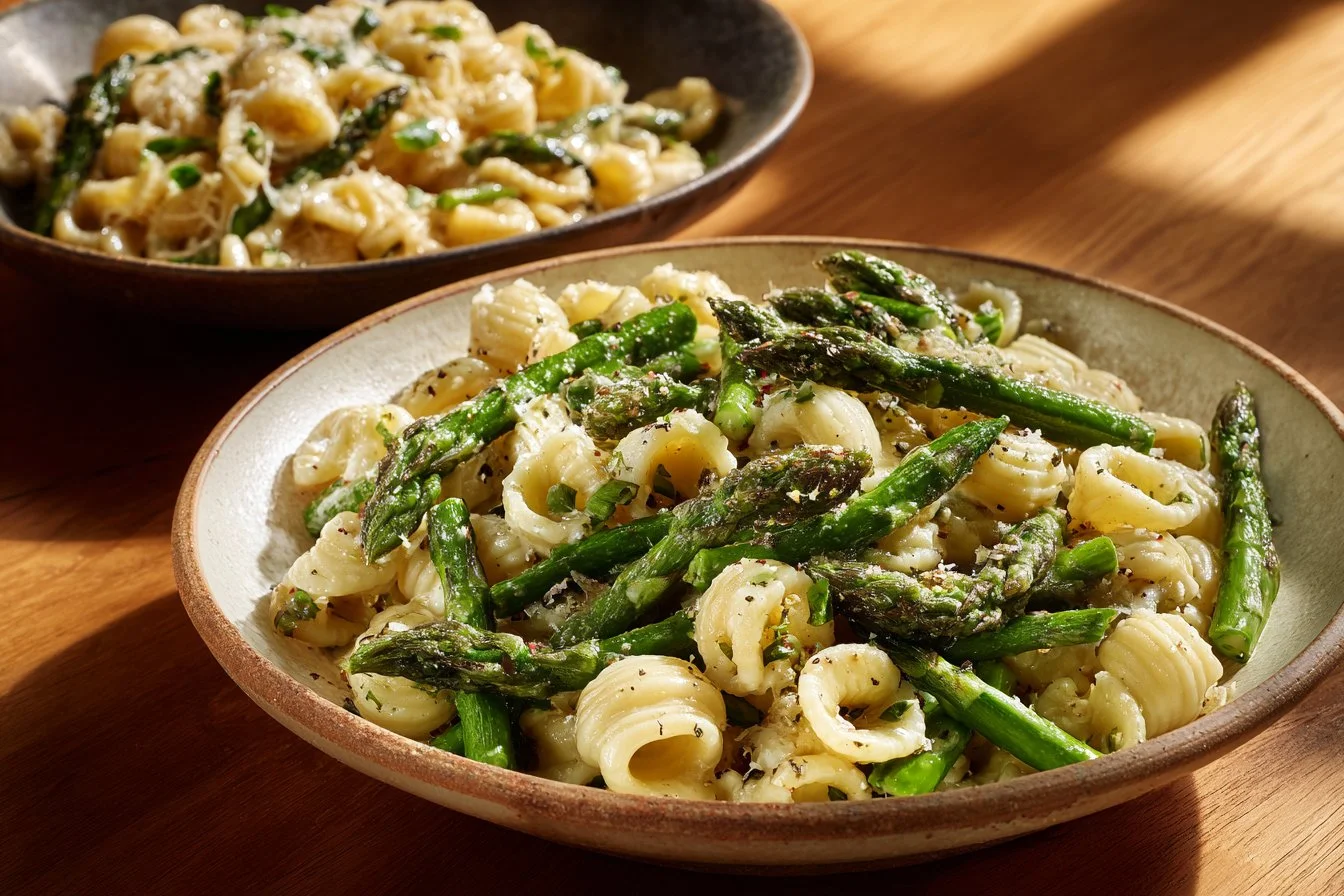Plate of Asparagus Lemon Garlic Pasta with fresh asparagus and lemon zest