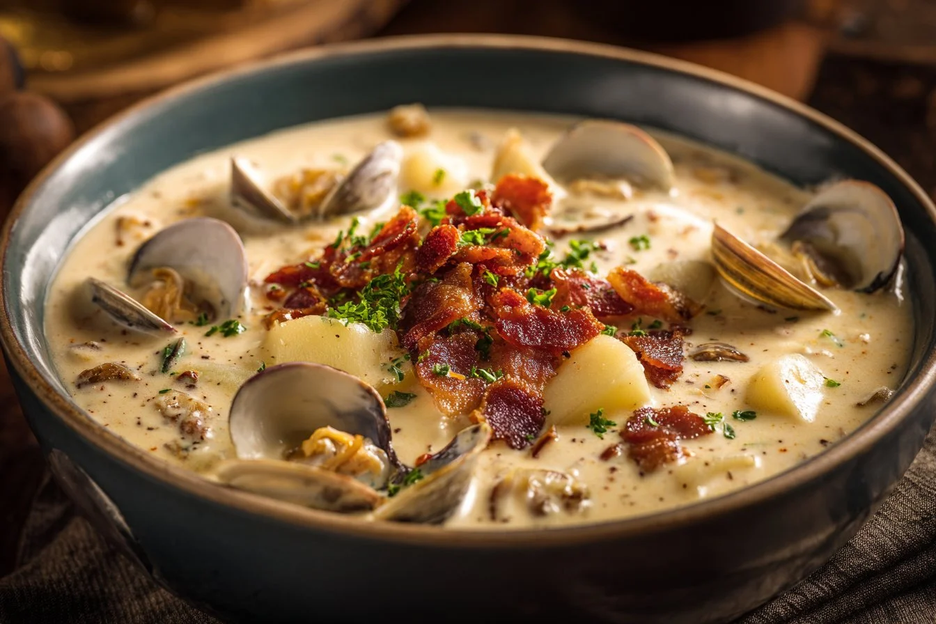 Bowl of authentic New England clam chowder topped with parsley and oyster crackers