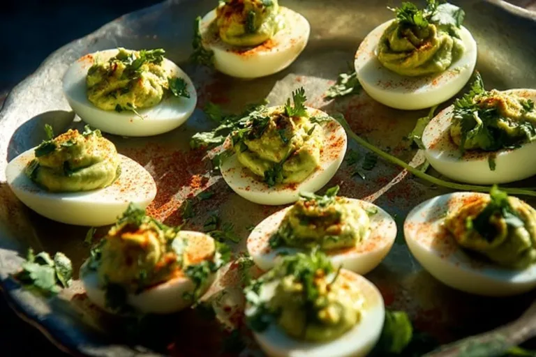 Delicious Avocado Deviled Eggs topped with spices on a plate