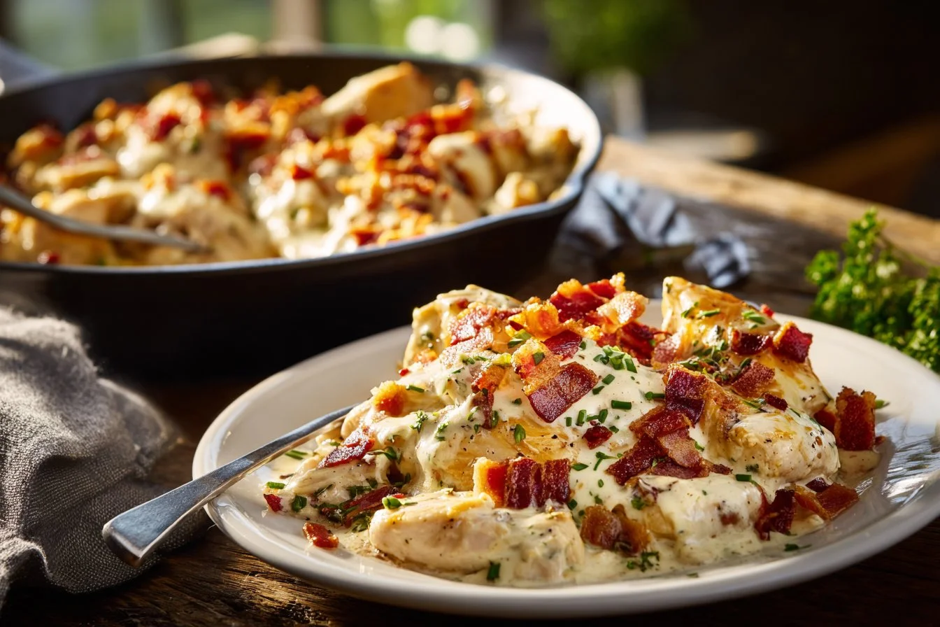 Delicious Bacon Ranch Chicken topped with crispy bacon and ranch dressing.