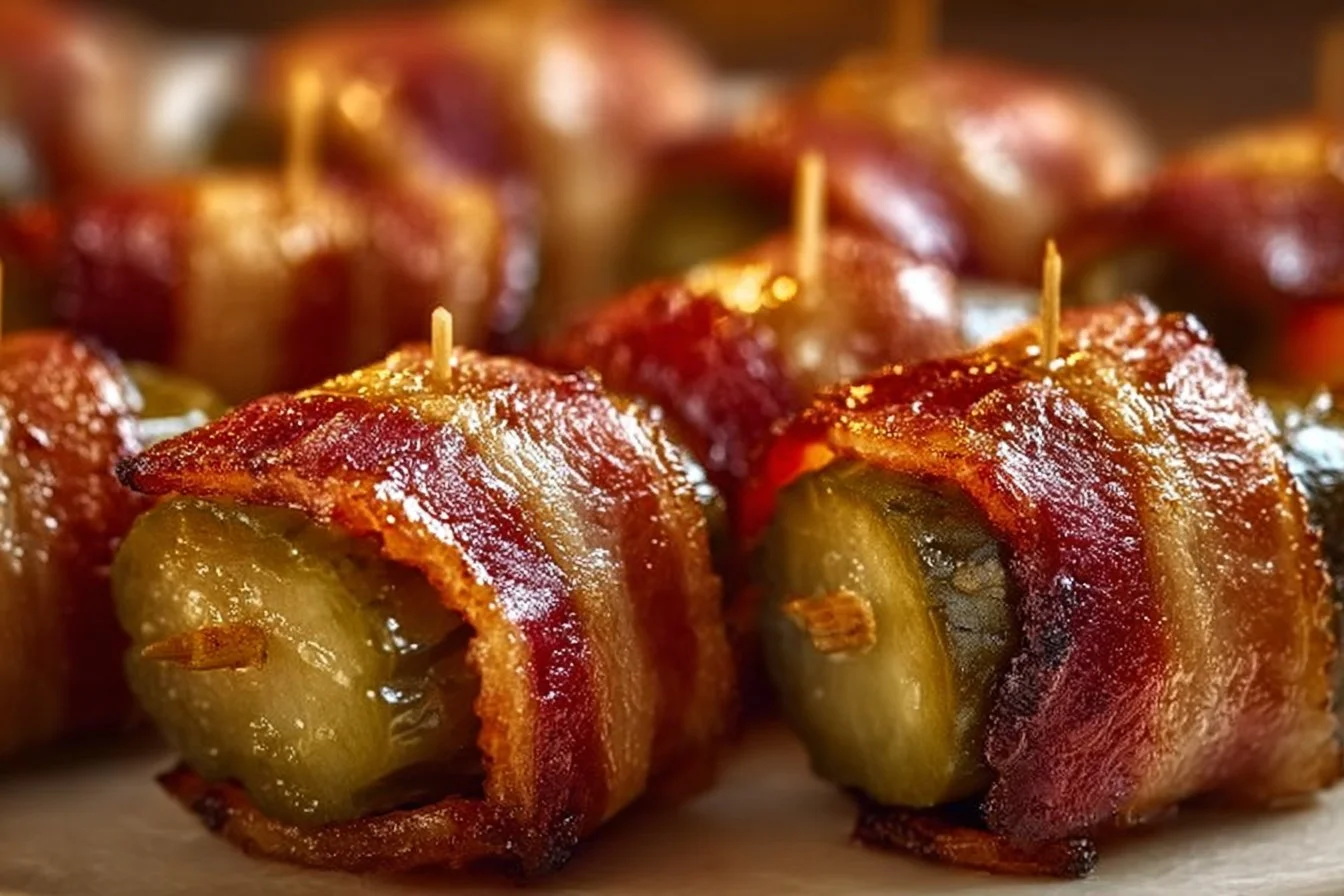 Plate of delicious bacon-wrapped pickles appetizer ready to serve