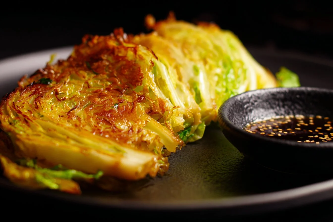 Oven-baked cabbage steaks garnished with herbs and spices.