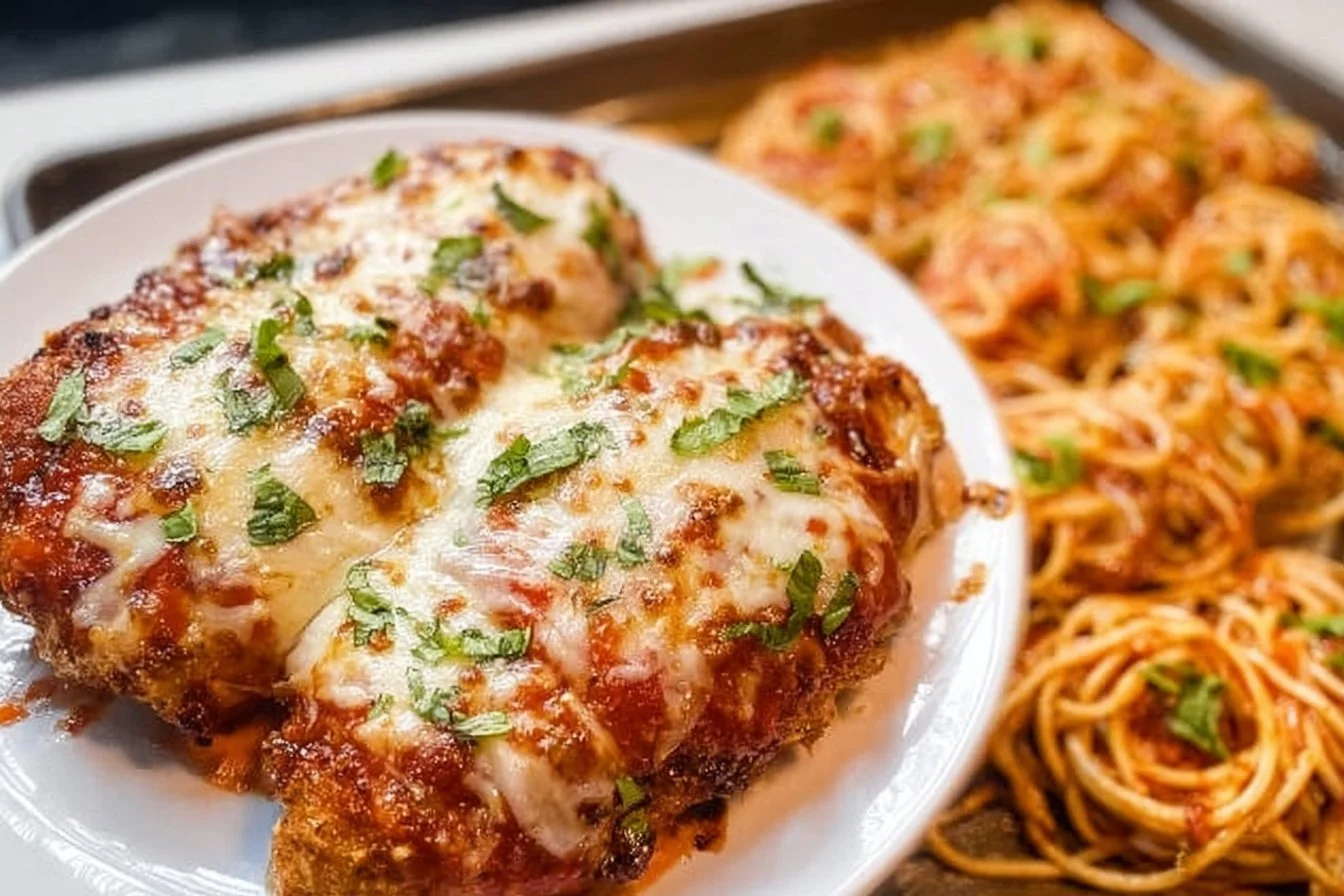 Baked Chicken Parmesan topped with melted cheese and herbs on a rustic plate.