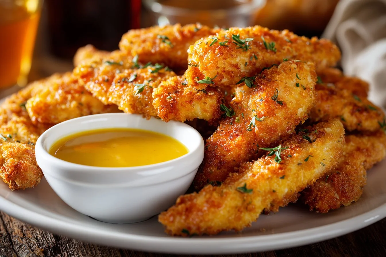Crispy baked chicken tenders served with dipping sauce