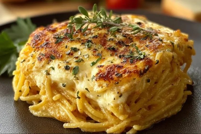 Baked Cream Cheese Spaghetti Casserole topped with cheese and herbs