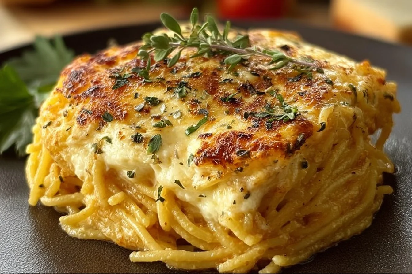 Baked Cream Cheese Spaghetti Casserole topped with cheese and herbs