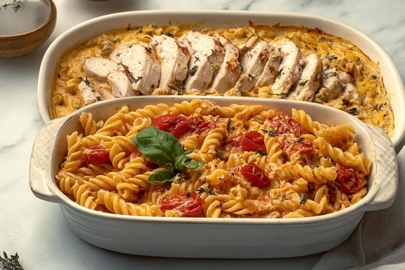 Baked Feta Chicken Pasta with herbs and cherry tomatoes in a bowl