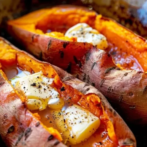 Delicious baked sweet potatoes served on a plate with herbs