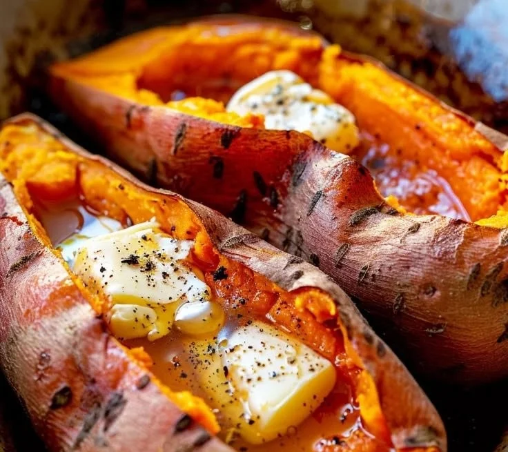 Delicious baked sweet potatoes served on a plate with herbs