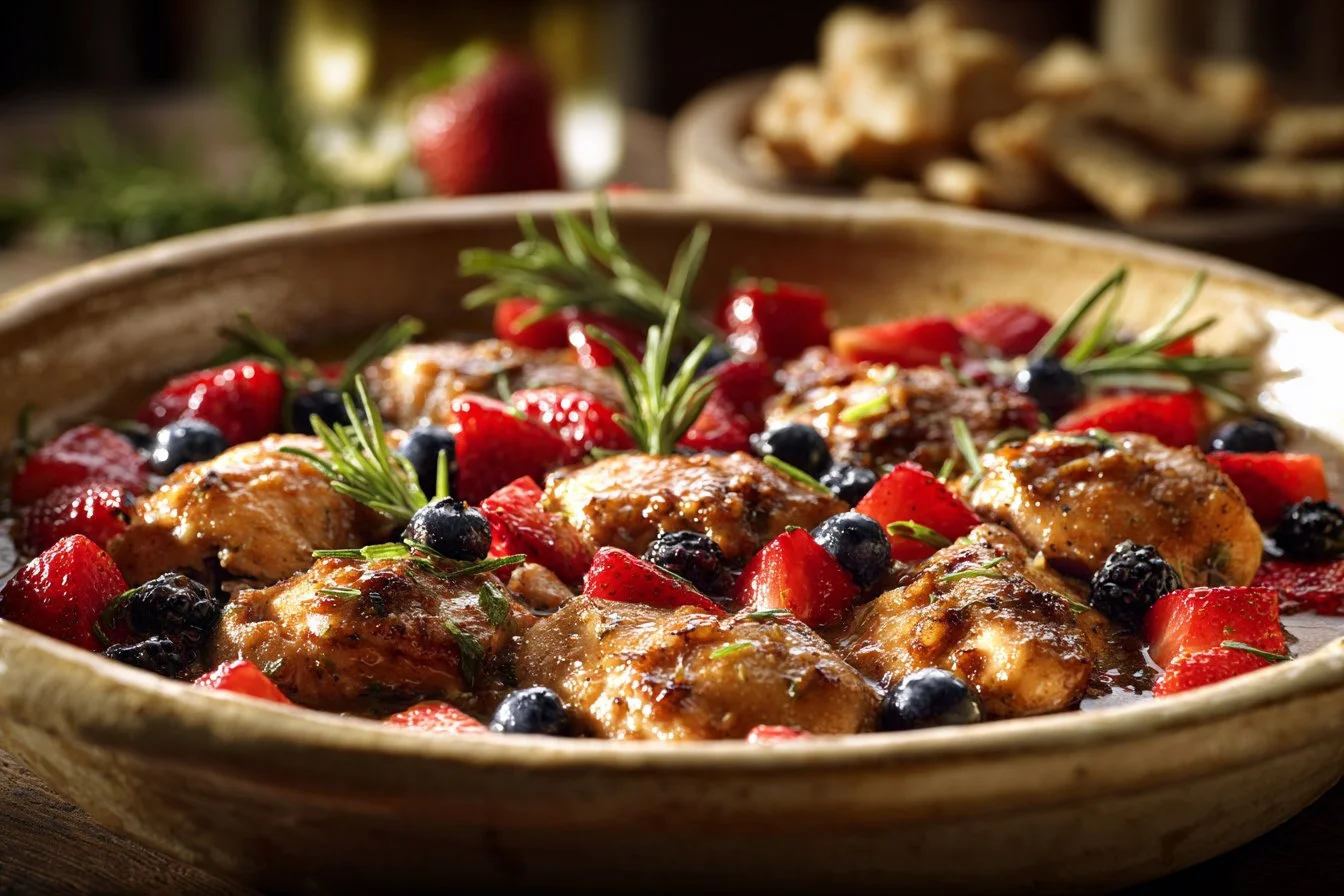 Delicious balsamic chicken cooked with fresh herbs and served on a plate