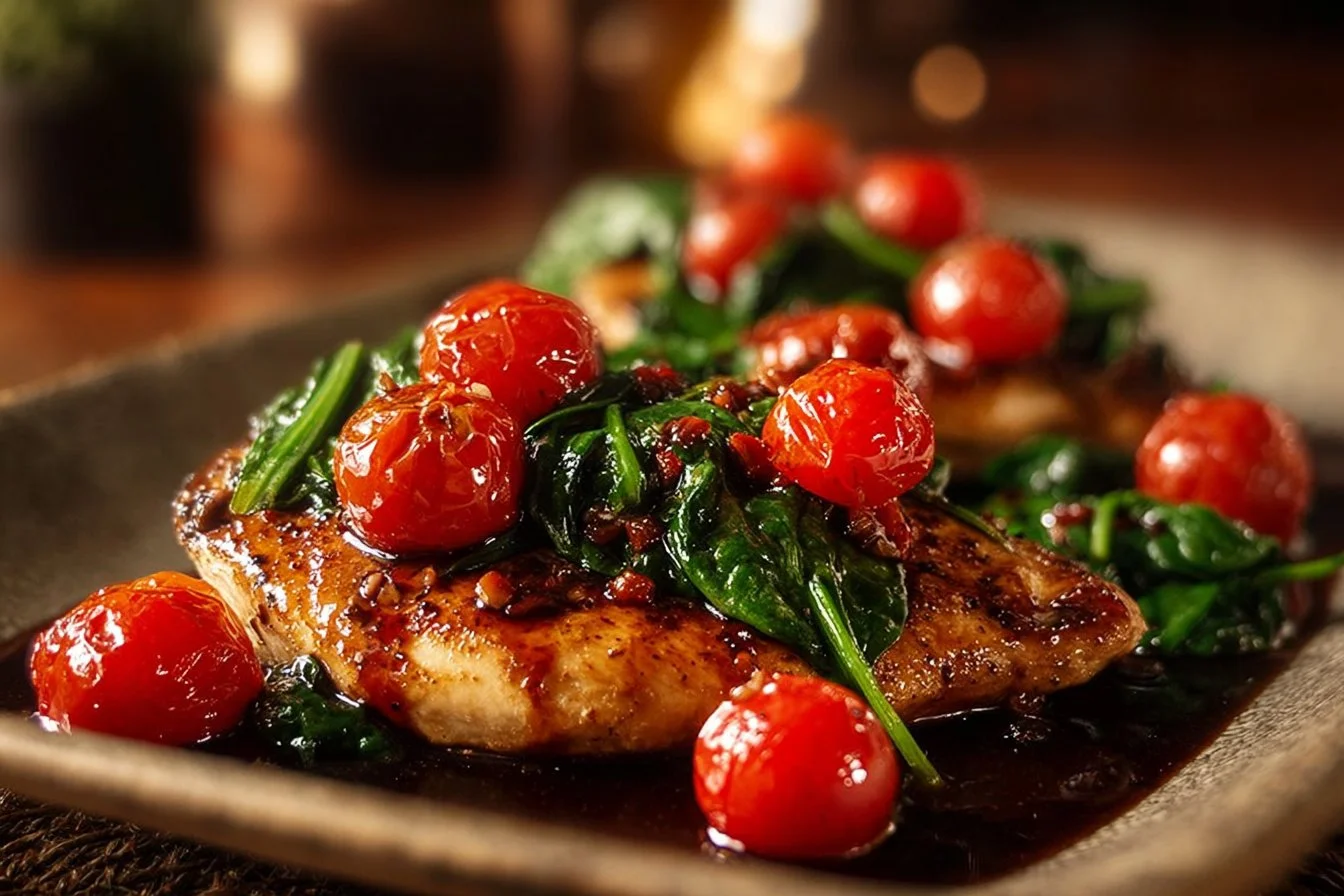Balsamic Chicken Breast served with Spinach and Tomatoes