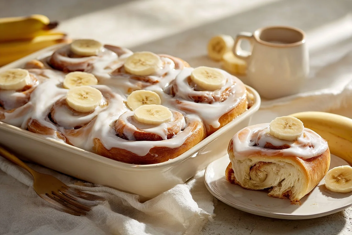 Freshly baked banana bread cinnamon rolls drizzled with icing