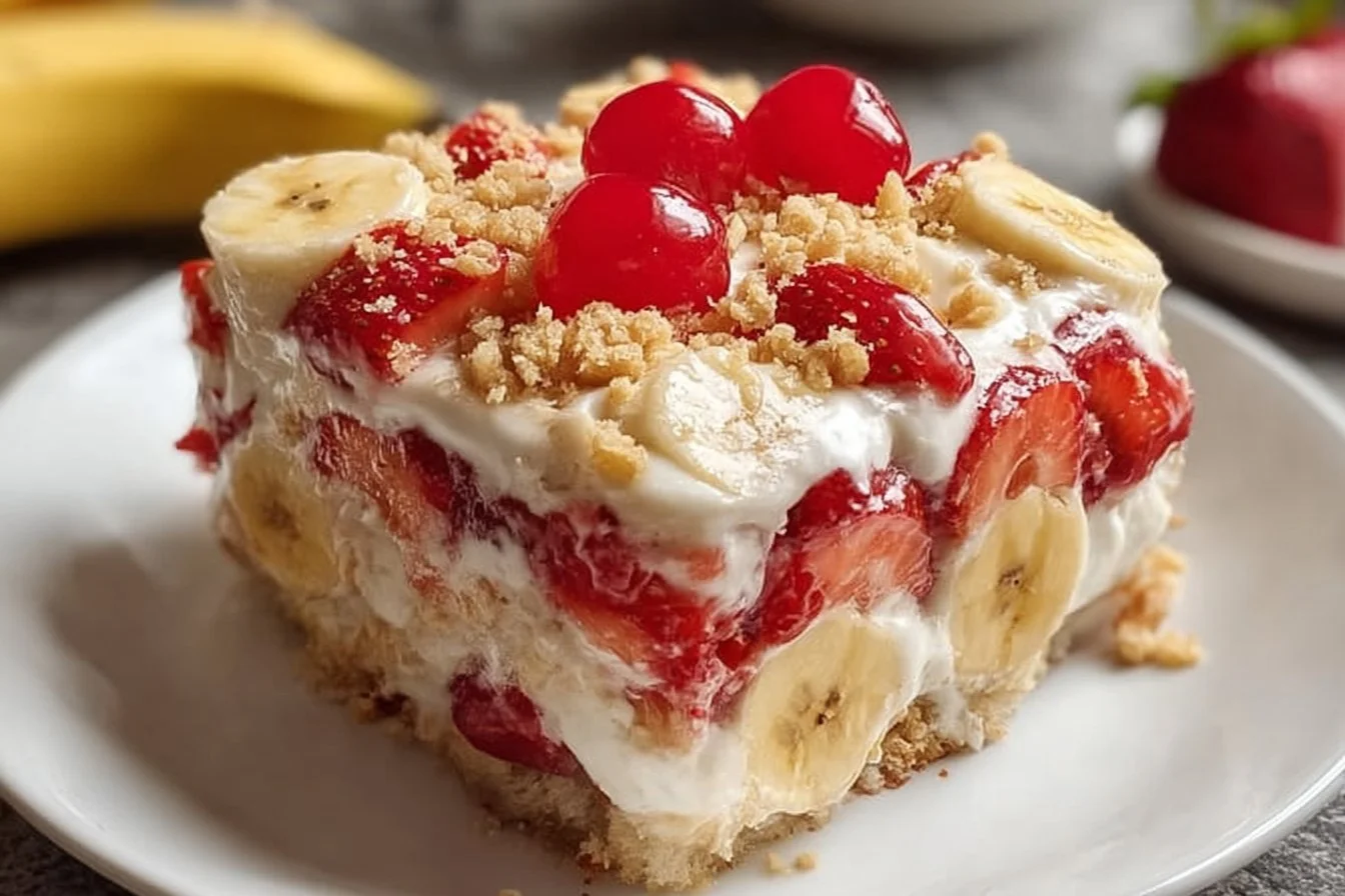 Delicious banana split dump cake topped with ice cream and cherries