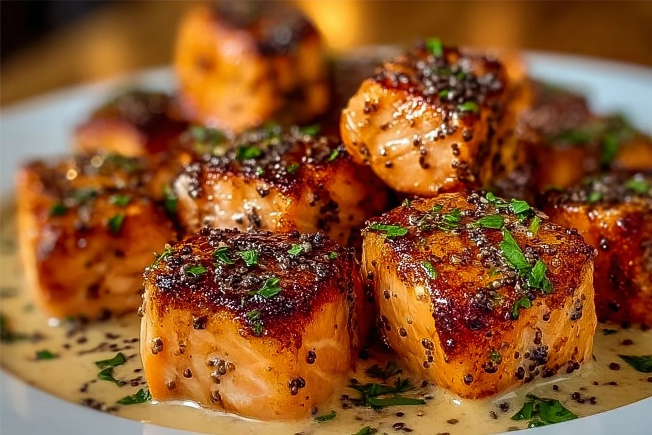 Delicious Bang Bang Salmon Bites served with a spicy sauce.