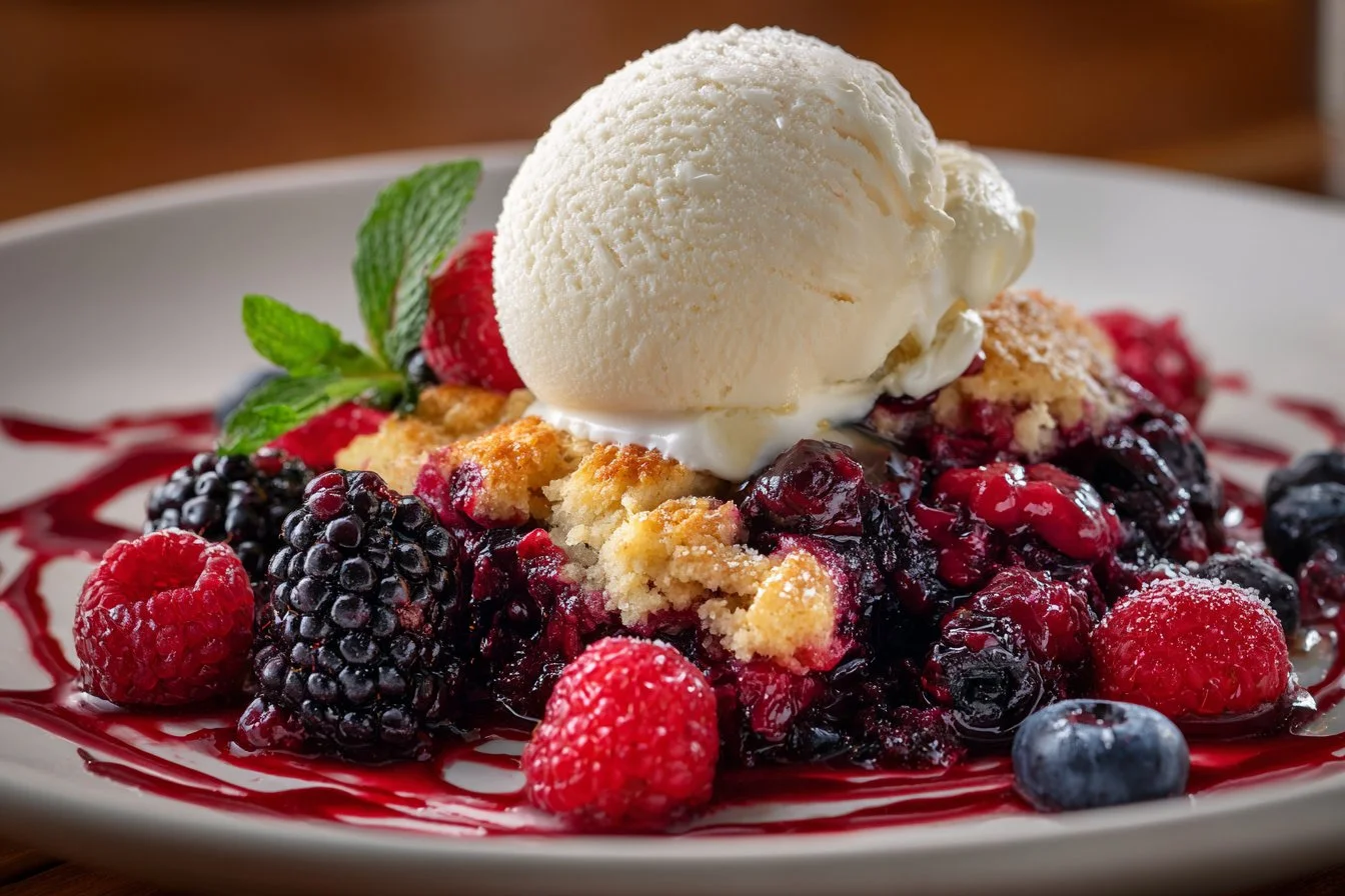 Delicious homemade berry cobbler with fresh berries and golden crust