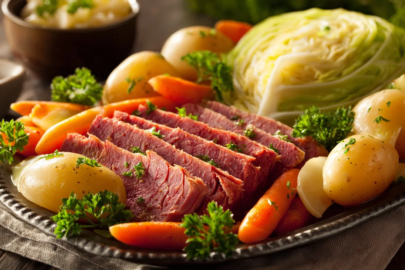 Plate of delicious corned beef and cabbage with vegetables.