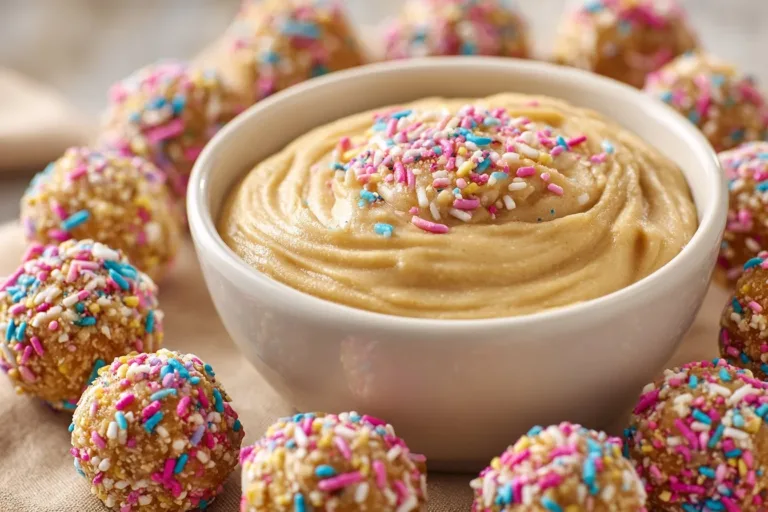 Birthday cake batter protein balls ready to enjoy, healthy snack packed with protein.