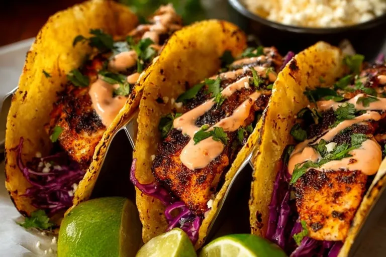 Delicious blackened fish tacos with vibrant toppings and fresh ingredients