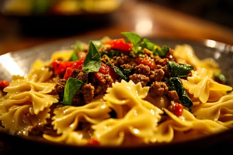 Bowtie pasta dish with ground beef and herbs