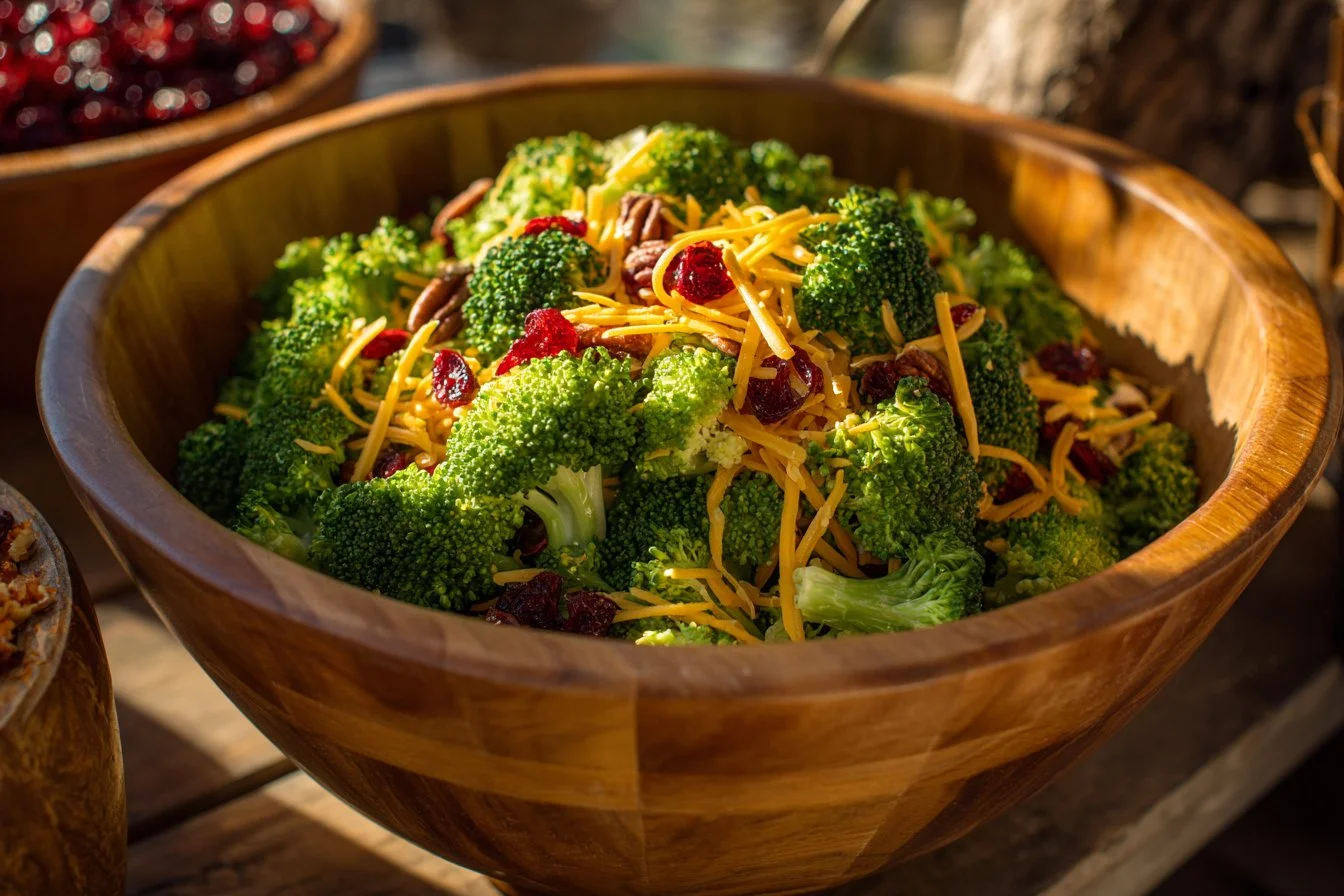 Fresh broccoli salad with vegetables and dressing in a bowl