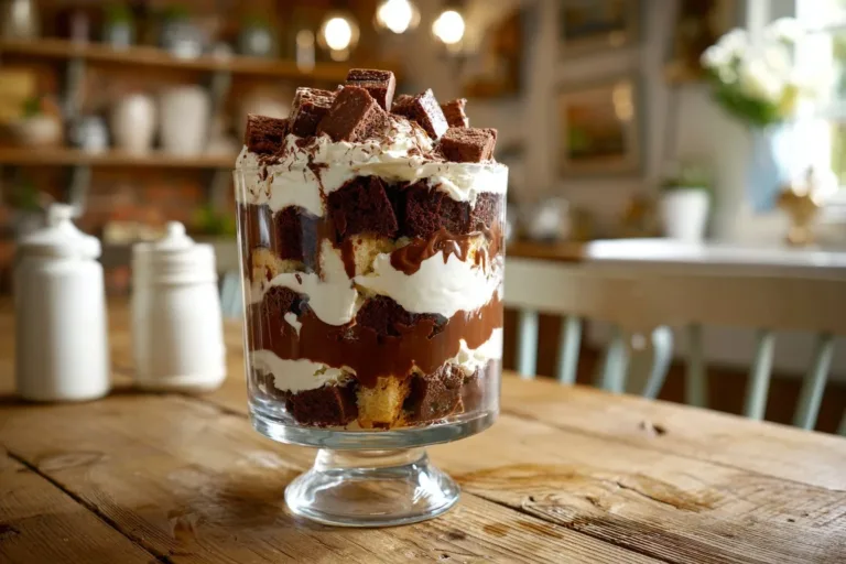 Decadent Brownie Trifle layered with brownies and whipped cream