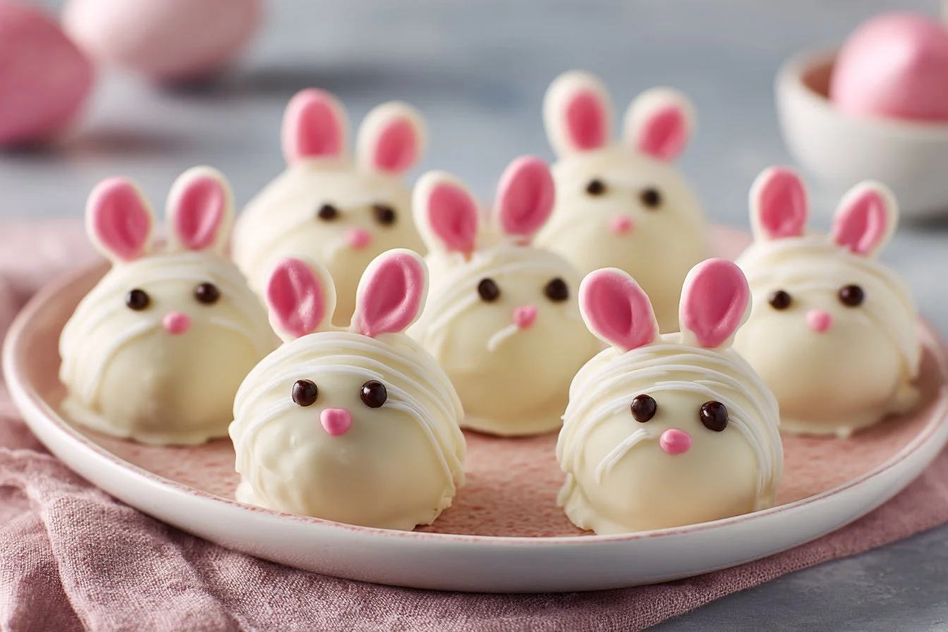 Delicious Bunny Oreo Balls decorated for Easter with chocolate and sprinkles.