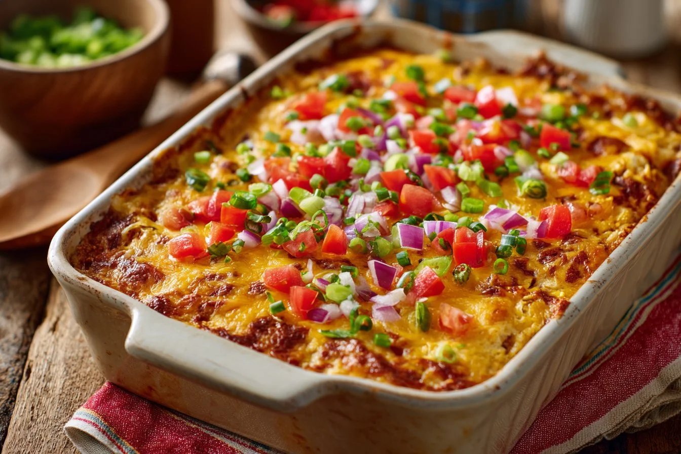 Burrito casserole topped with cheese, olives, and fresh cilantro in a baking dish.