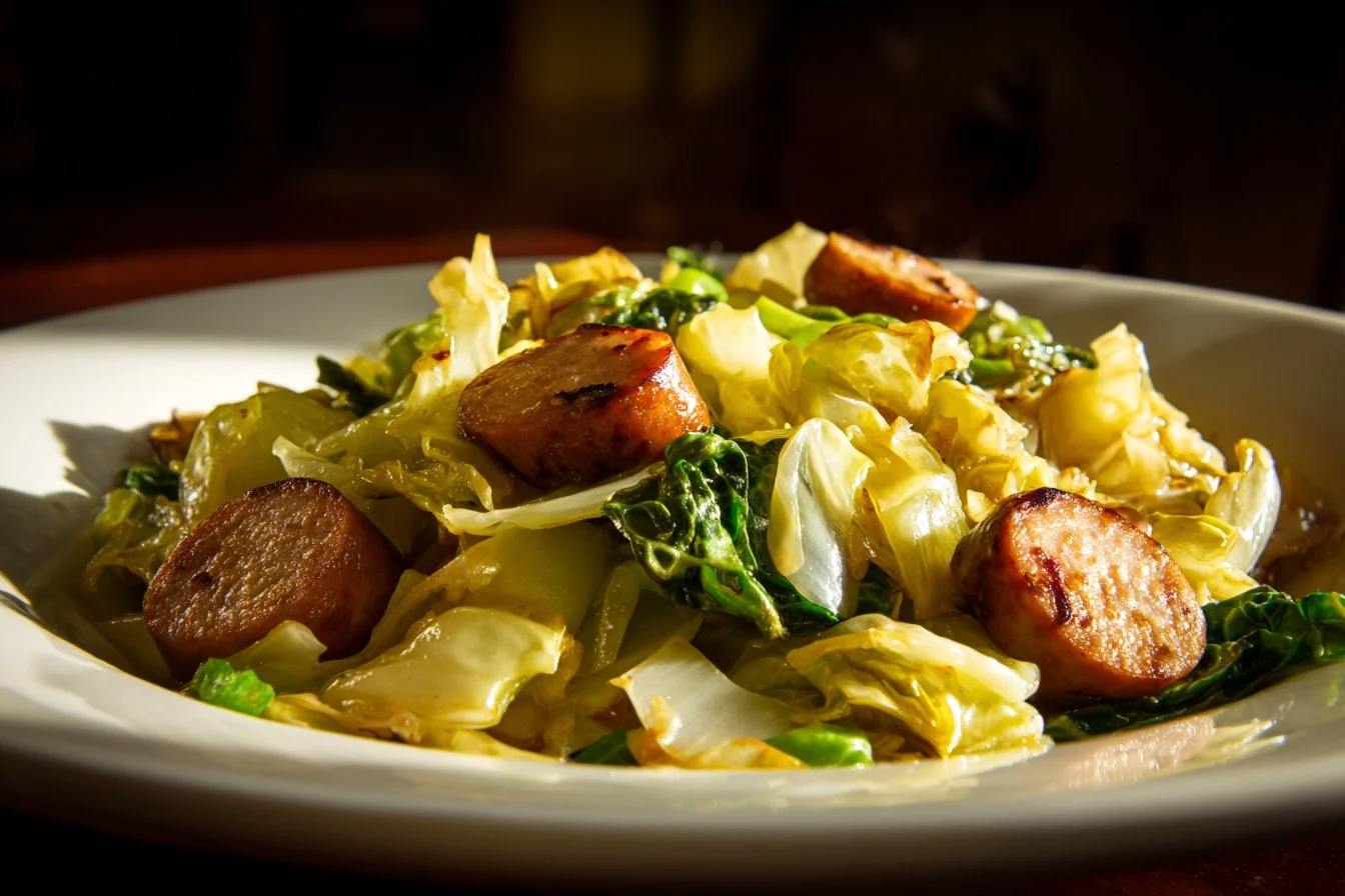 A savory dish of Cabbage and Sausage with Onions served in a bowl.