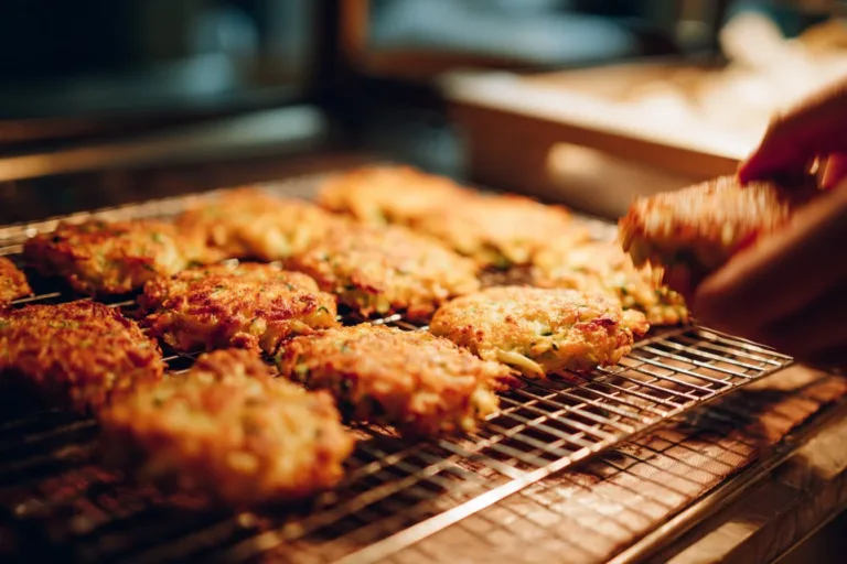 Plate of homemade cabbage fritters garnished with herbs