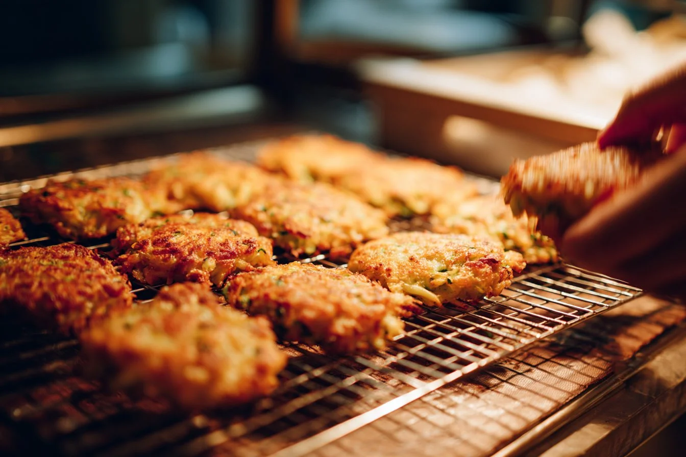 Plate of homemade cabbage fritters garnished with herbs
