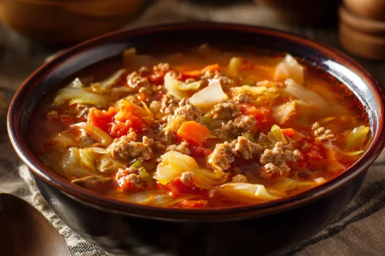 Delicious bowl of cabbage roll soup with meat, cabbage, and tomato broth.