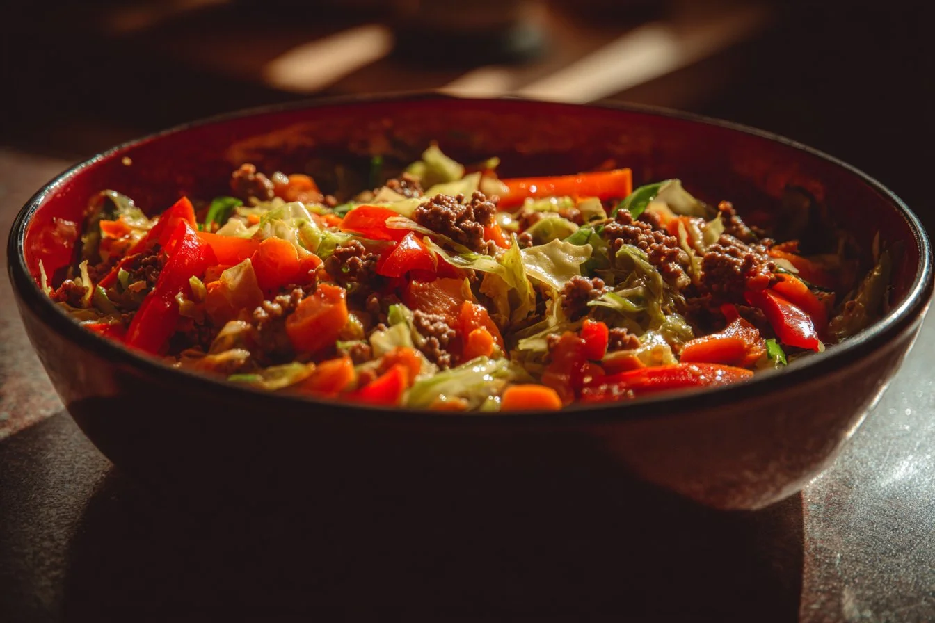 Colorful cabbage stir fry with vegetables in a pan