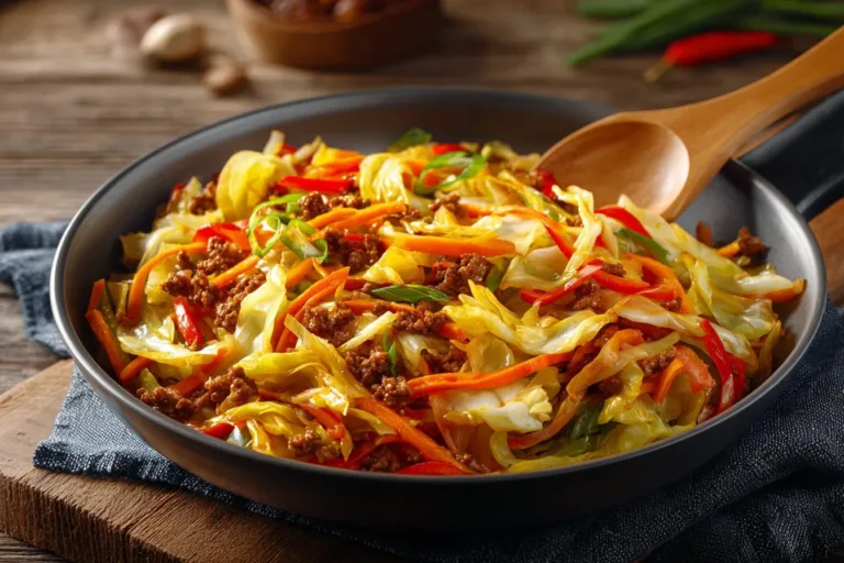 Colorful cabbage stir fry with vegetables in a skillet