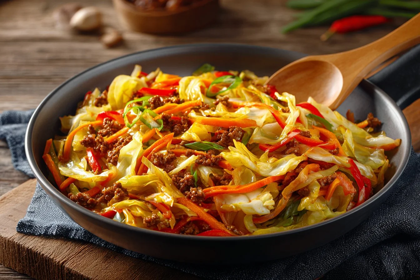 Colorful cabbage stir fry with vegetables in a skillet