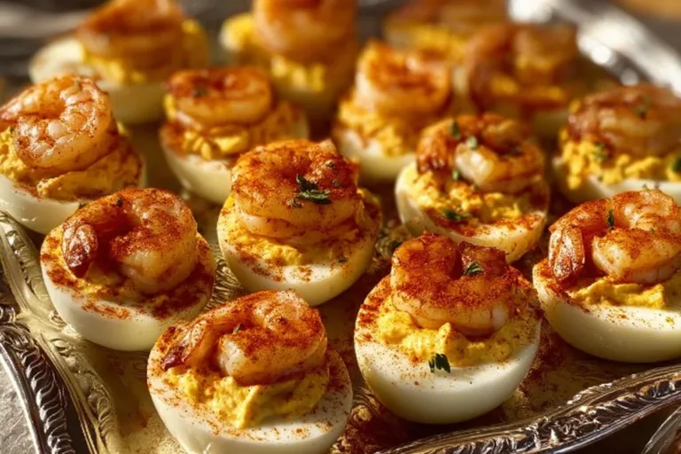 Cajun Shrimp Deviled Eggs served on a platter with garnish