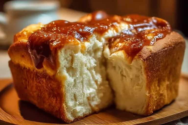 Loaf of homemade Caramel Cream Cheese Bread topped with caramel drizzle