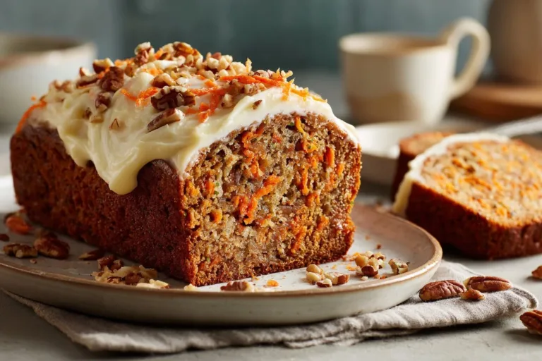 Delicious Carrot Cake Banana Bread with cream cheese frosting and walnuts