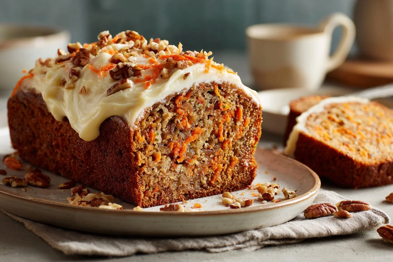 Delicious Carrot Cake Banana Bread with cream cheese frosting and walnuts