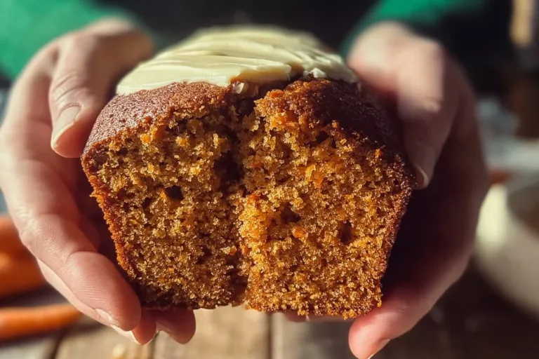 Delicious homemade carrot cake loaf topped with cream cheese frosting