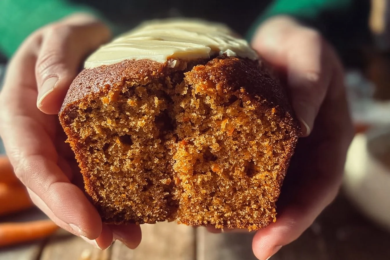 Delicious homemade carrot cake loaf topped with cream cheese frosting