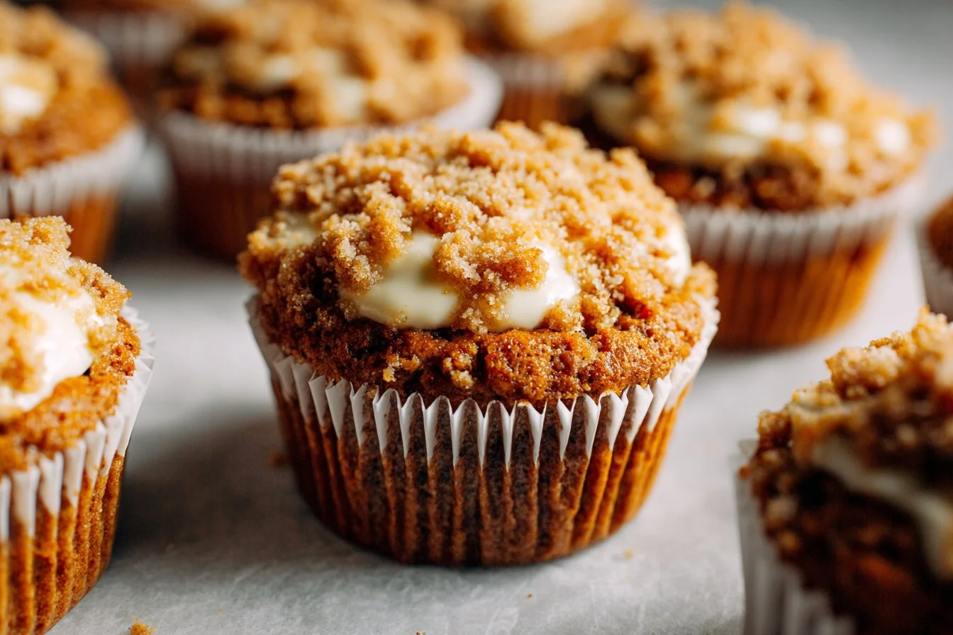 Delicious homemade carrot cake muffins with frosting and walnuts