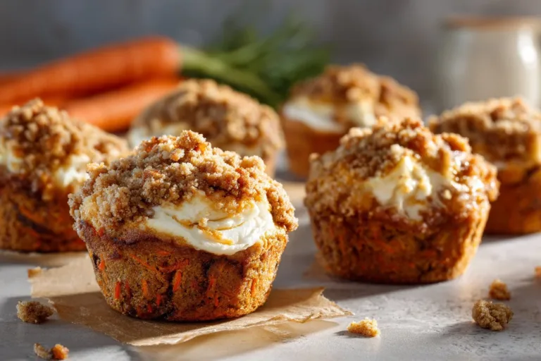 Freshly baked carrot cake muffins with cream cheese frosting on a wooden table.