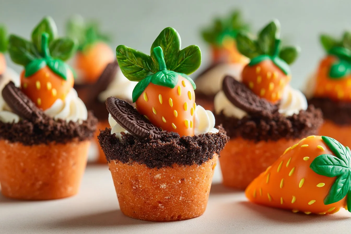 Carrot Patch Dirt Cups recipe featuring chocolate pudding and crushed cookies.